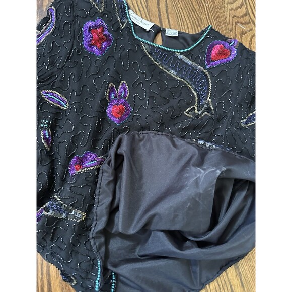 Vintage Lawrence Kazar Size M Black 100% Silk Beaded Sequin Evening Top Whimsy - Picture 7 of 9